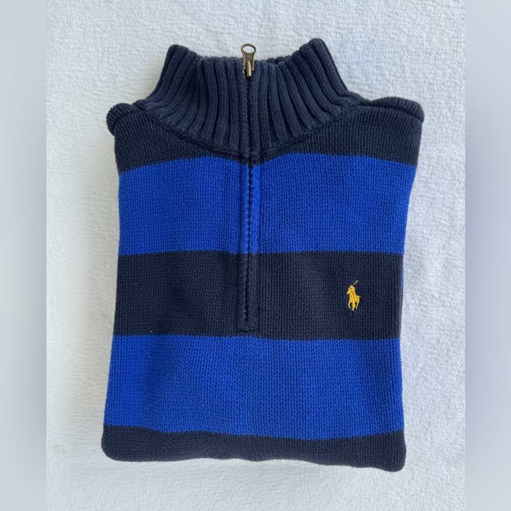 EUC Youth Polo by Ralph Lauren Navy and Royal Blue Striped Zip-Up Sweater L